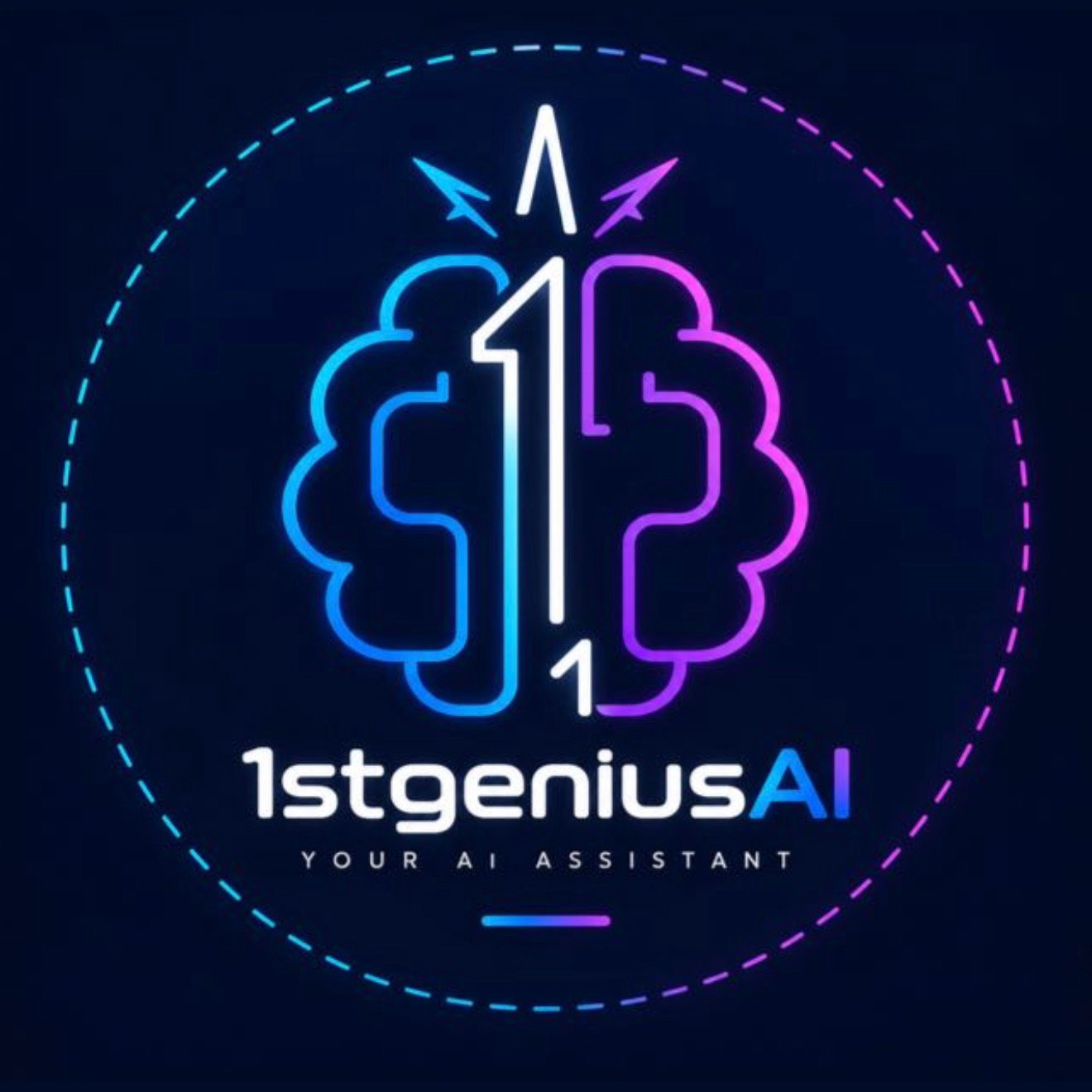 1stgeniusAI — cérebro em neon ciano e magenta, número 1 branco, Your AI Assistant